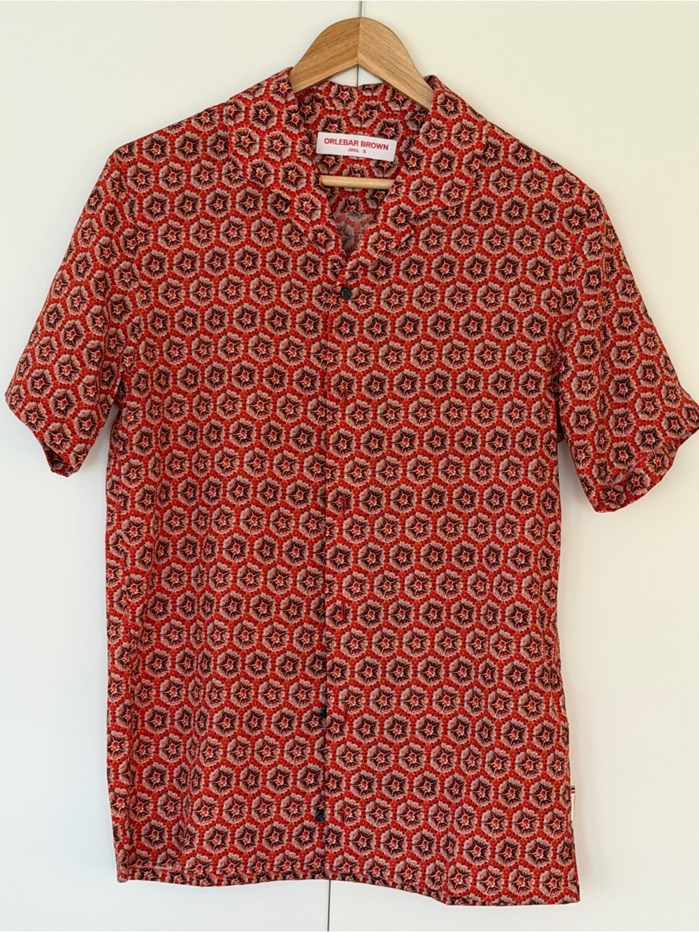 Orlebar Brown Hibbert Ros Shirt — Red Geometric Print, Size S (Made in Portugal)